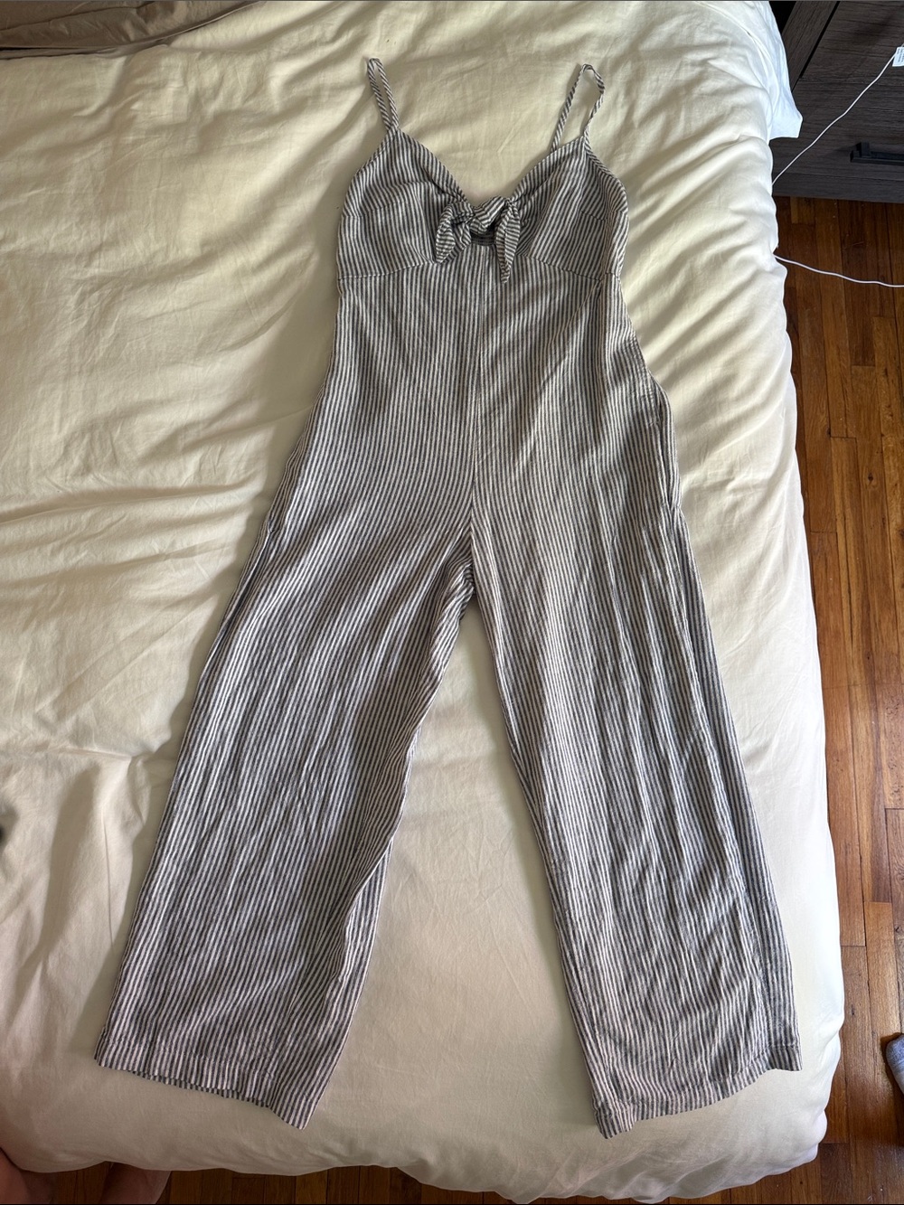 Old Navy Gray and White Striped Tie-Front Wide-Leg Jumpsuit
